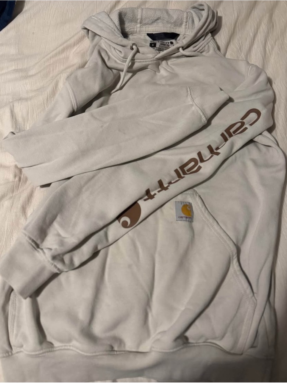 Carhartt Light cream Hoodie with Brown Sleeve Script